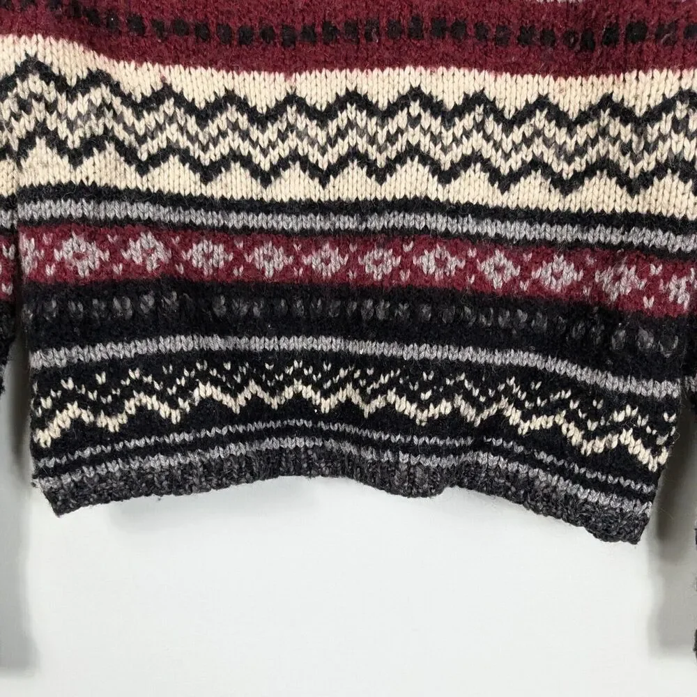Vintage Sweater 90s Turtuleneck Chunky Stripe Snowflake Wool Isle Red Gray S